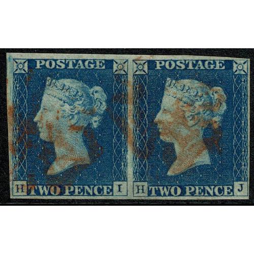 1840 2d Blue HI/HJ Plate 1. Fine used pair with red Maltese cross cancel.