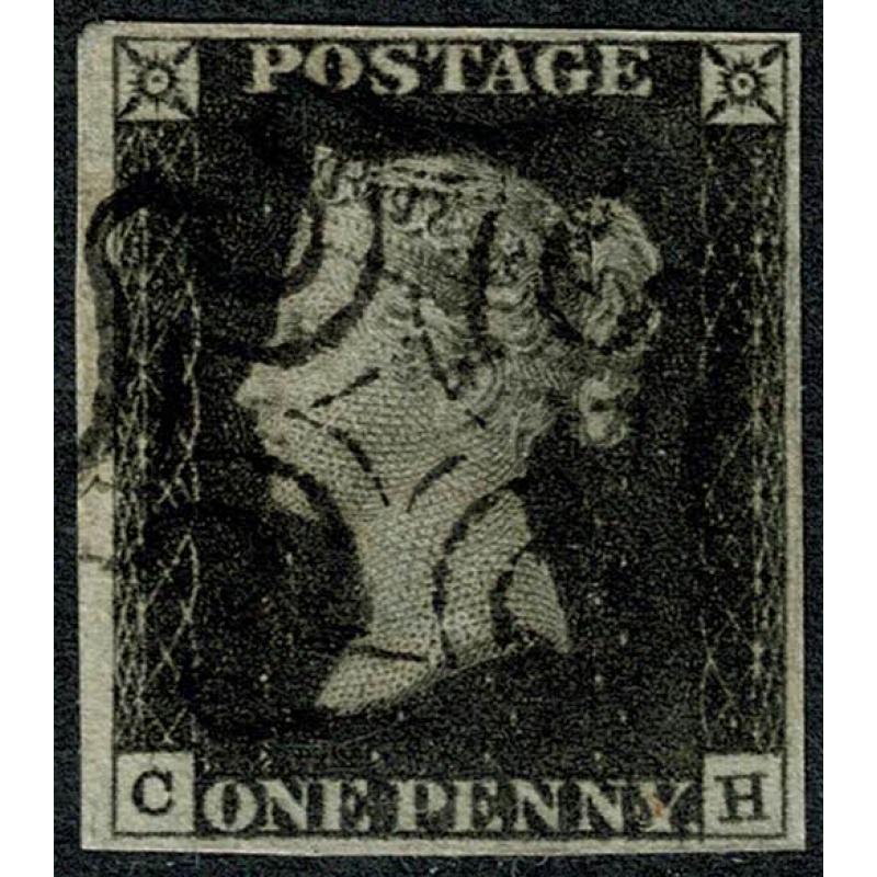 1d Black CH Plate 2. Four margins, Black Maltese cross cancellation.