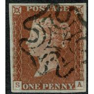 1d red SA Plate 21. Fine used four large margins.