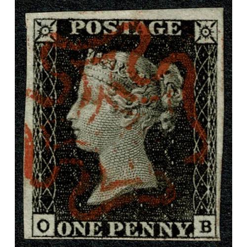 1d Black. Plate 1a  OB. Four margins cancelled by bright red Maltese Cross