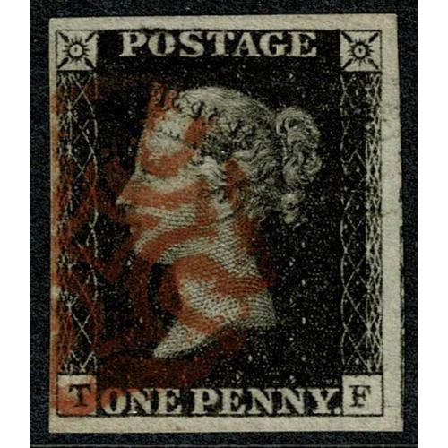 1d Black TF Plate 6. Four good to large margins. Red Maltese cross cancellation.