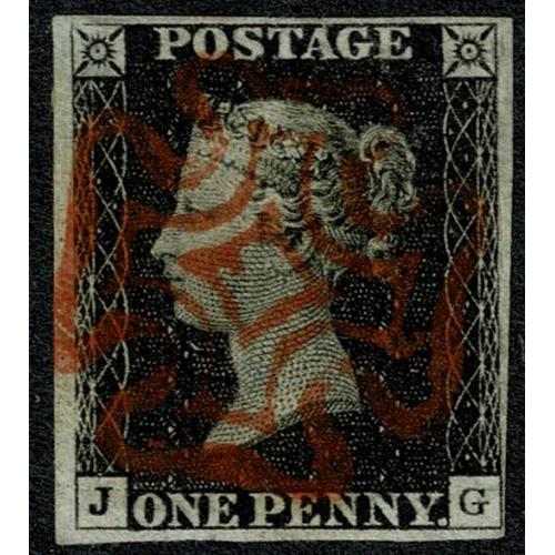 1d Black. Plate 1b  JG. Four margins cancelled by complete red Maltese Cross