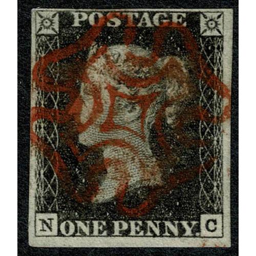 1d Black. Plate 1b  NC. Four margins cancelled by complete red Maltese Cross