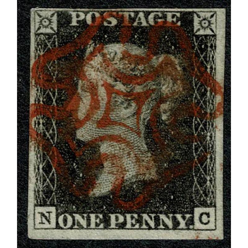 1d Black. Plate 1b  "NC". Four margins cancelled by complete red Maltese Cross
