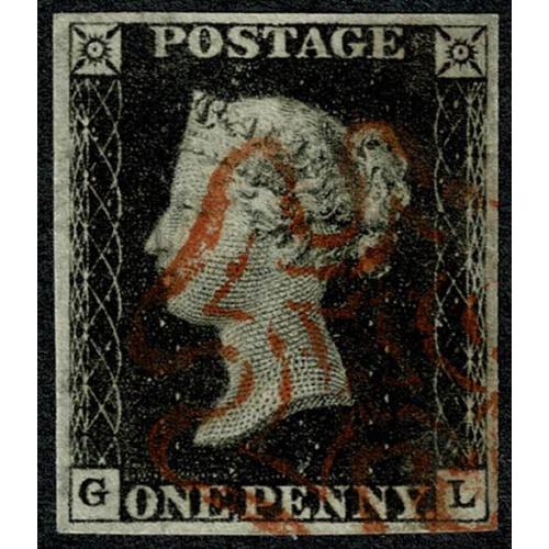 1d Black. Plate 4  GL. Four good margins cancelled by neat red Maltese Cross
