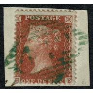 1d red brown HE. Fine used on piece scarce BRIGHT GREEN 1844 type IRISH CANCEL. SG 29. Spec. C8ud