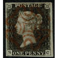 1d Black. Plate 5  SC. Four good margins cancelled by red Maltese Cross