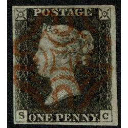 1d Black. Plate 5  SC. Four good margins cancelled by red Maltese Cross