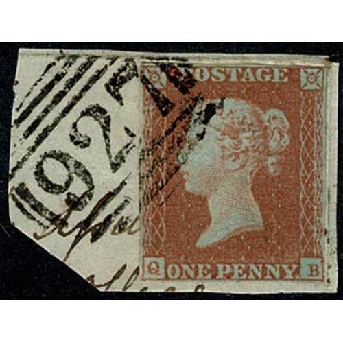 1d Red QB. Fine used on piece, numeral cancellation. SG 8/12