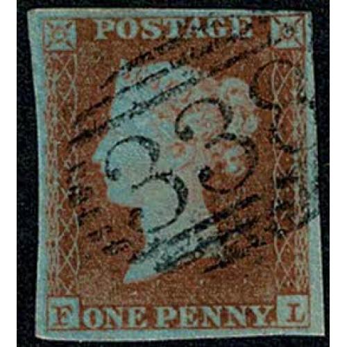 1d Red FL Plate 145. Cancelled with SCARCE Harrogate 338 WITH BARS instead of arcs at sides SG 8-12