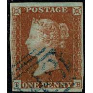 1d Red TB Plate 101 Blue 1844 type  cancellation. SG 8-12