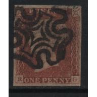 1841 Sg 7 1d red on black plate 2 'RG' with 4 Large Margins Fine Used