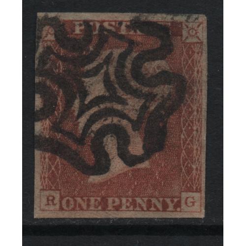 1841 Sg 7 1d red on black plate 2 'RG' with 4 Large Margins Fine Used