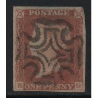 1841 Sg 7 1d red on black plate 2 'RG' with 4 Very Large Margins Fine Used