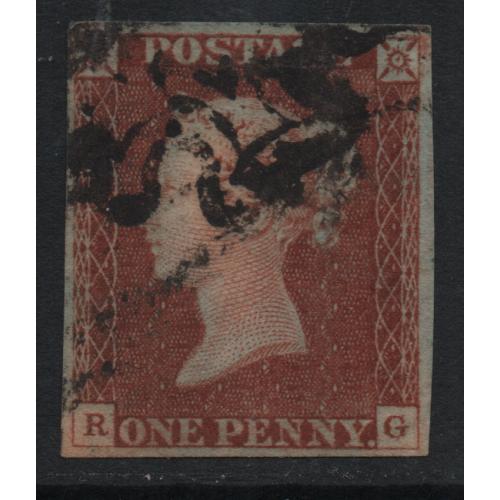 1841 Sg 7 1d red on black plate 2 'RG' with 4 Very Large Margins Good/Fine Used