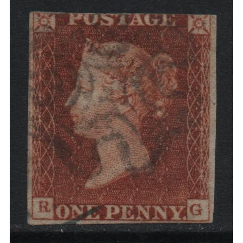 1841 Sg 7 1d red on black plate 5 'RG' with 3 Margins Good/Fine Used