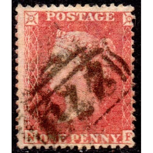 1857 Sg 40 C10 1d red-brown 'NF' Plate 34 with 220 Bala Cancellation Good Used