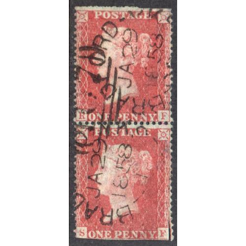 1857 Sg 36 C11 1d rose-red 'RF/SF' Plate 43 with 107 Bradford Cancel Pair Used