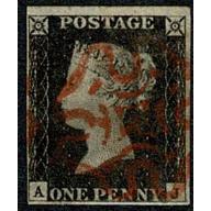 1d Black AJ Plate 2. Cancelled by red Maltese cross.