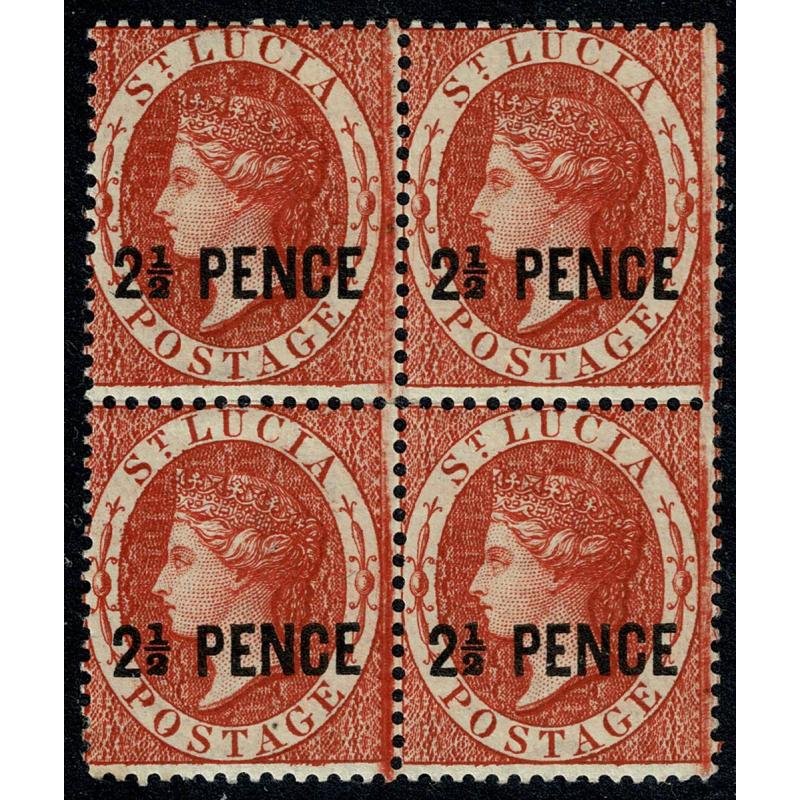 Saint Lucia. 2½d brown red Type 4 surcharge. Block of four. SG 24