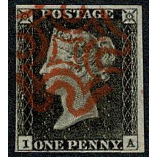 1d Black IA Plate 1a. Cancelled by almost complete bright red Maltese cross.