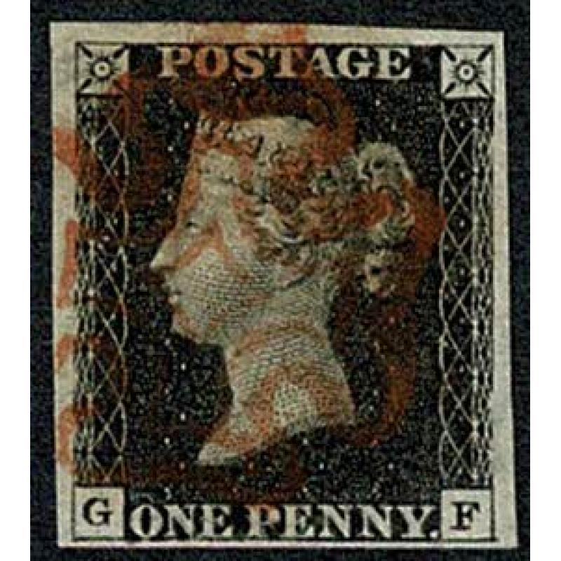 1d Black GF Plate 4. Fine four margins cancelled by red Maltese cross.