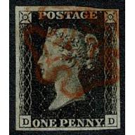 1d Black DD Plate 5. Cancelled by red Maltese cross.