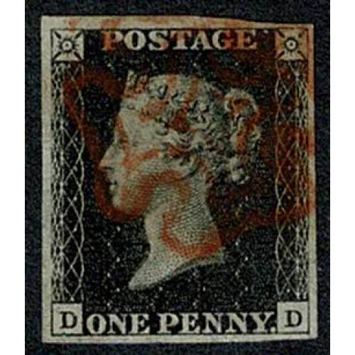1d Black DD Plate 5. Cancelled by red Maltese cross.