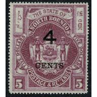 North Borneo.1899 4c on $5 bright purple. Lightly mounted. SG 123