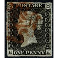 1d grey Black HH Plate 1a. 4 margins. Cancelled by red Maltese cross.