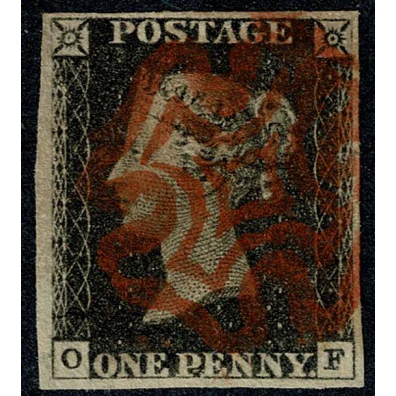 1d black OF Plate 1b. Cancelled by bright red Maltese Cross.