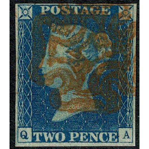 1840 2d Blue QA Plate 1. Fine used four margins with red Maltese Cross cancel.
