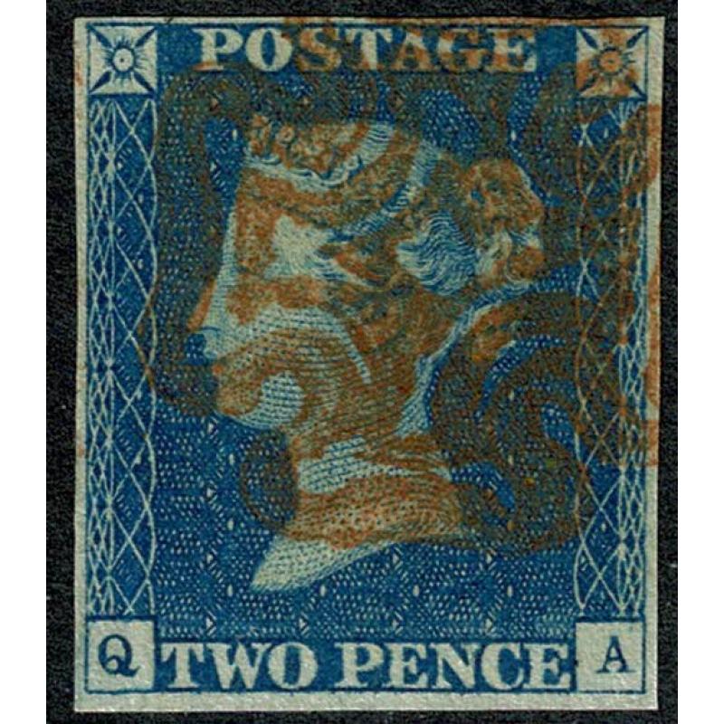 1840 2d Blue QA Plate 1. Fine used four margins with red Maltese Cross cancel.