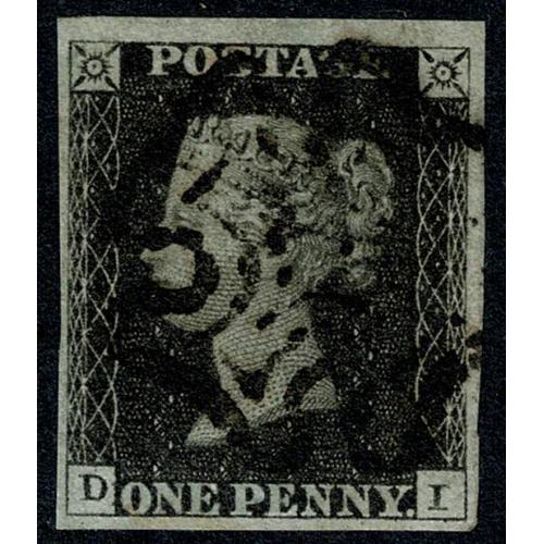 1d black DI Plate 6. 4 good to large margins. Cancelled by almost complete black Maltese Cross.