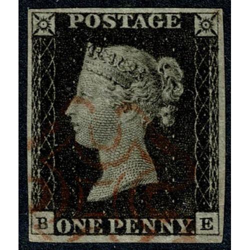 1d black BE Plate 2. 4  margins. Cancelled by red Maltese Cross.