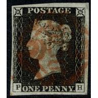 1d black PH Plate 2. 4 good to large margins. Cancelled by red Maltese Cross