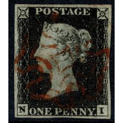 1d intense black NI Plate 4. 4 margins. Cancelled by red Maltese Cross.