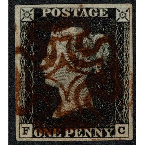 1d black FC Plate 1b, Cancelled by BROWNISH Maltese cross.