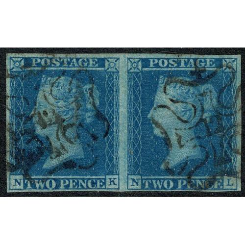 1841 2d blue. Plate 3. Fine used pair. Cancelled with black 12 in Maltese cross.