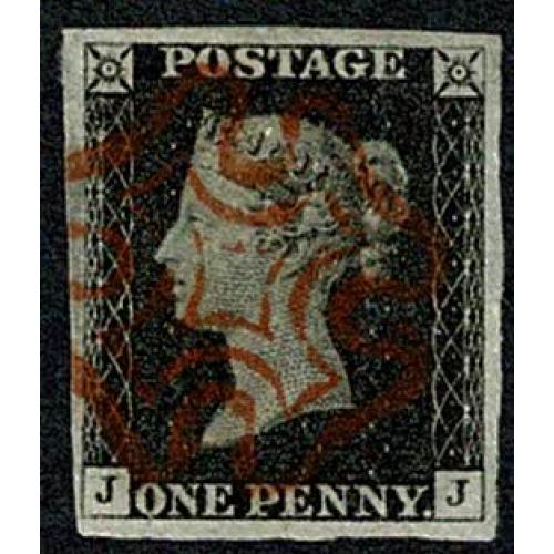 1d Black JJ Plate 1b. Four good to large margins cancelled by red Maltese cross.