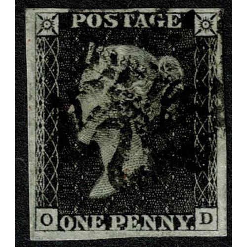 1d Black. Plate 1b  OD. NE of ONE nearly joined.  Black Maltese Cross cancellation