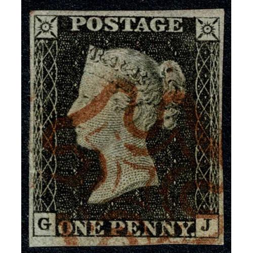 1d Black  GJ Plate 1a. Fine used four margins, cancelled by red Maltese cross.