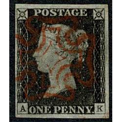 1d Black AK Plate 2. Four good to large margins cancelled by red Maltese cross