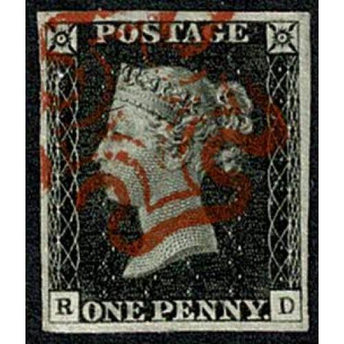 1d Black RD Plate 2. Four large margins cancelled by bright red Maltese cross.