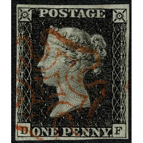 1d Black DF Plate 4. Red Maltese cross cancellation.