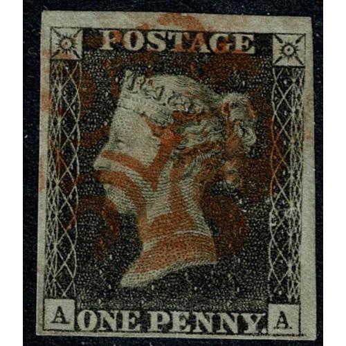 1d Black AA Plate 5. Four good to large margins, cancelled by red Maltese cross.