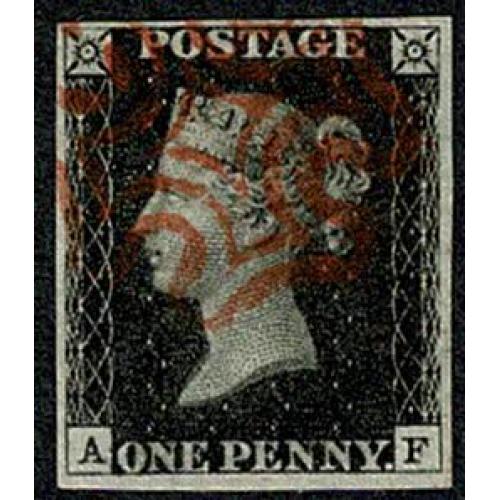 1d Black AF Plate 6. Four good to large margins. Cancelled by red Maltese cross.