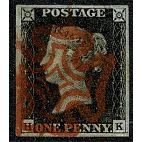 1d  Black HK Plate 4. Four good to large margins cancelled by bright red Maltese cross.