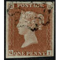 1d Red QI Plate 9. Black Maltese cross cancellation.