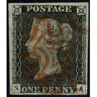 1d grey black NA Plate 2. Four margins good to close, red Maltese cross cancel